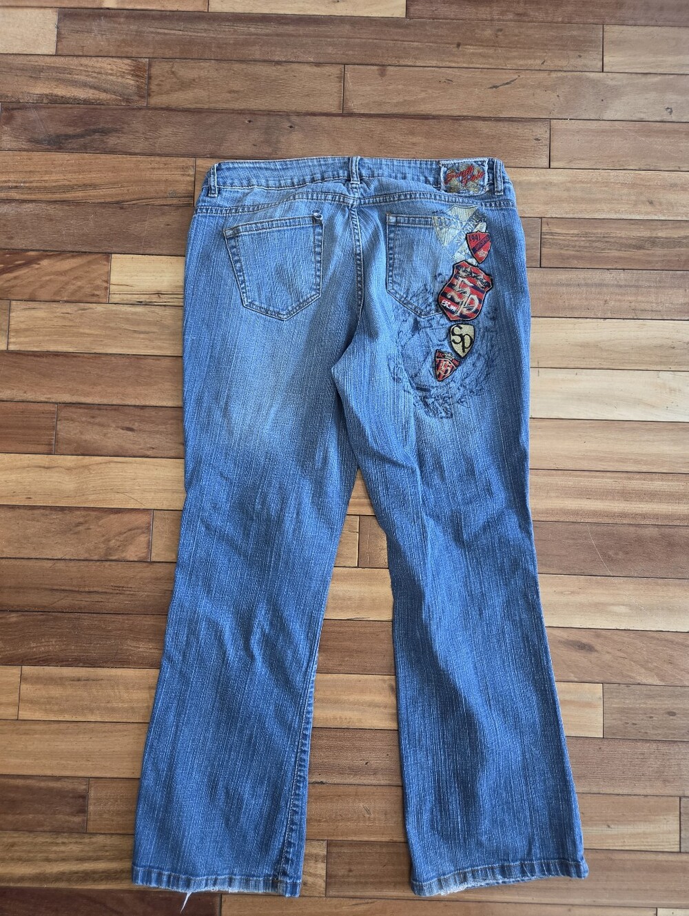Y2K 90s Southpole Stretchy Flare Leg Bootcut Jeans Back Logo Graphic Juniors 16